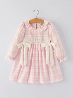 Rylee Faith Pink Plaid Ruffle Ballet Shoes Embroidery Long Sleeve Dress